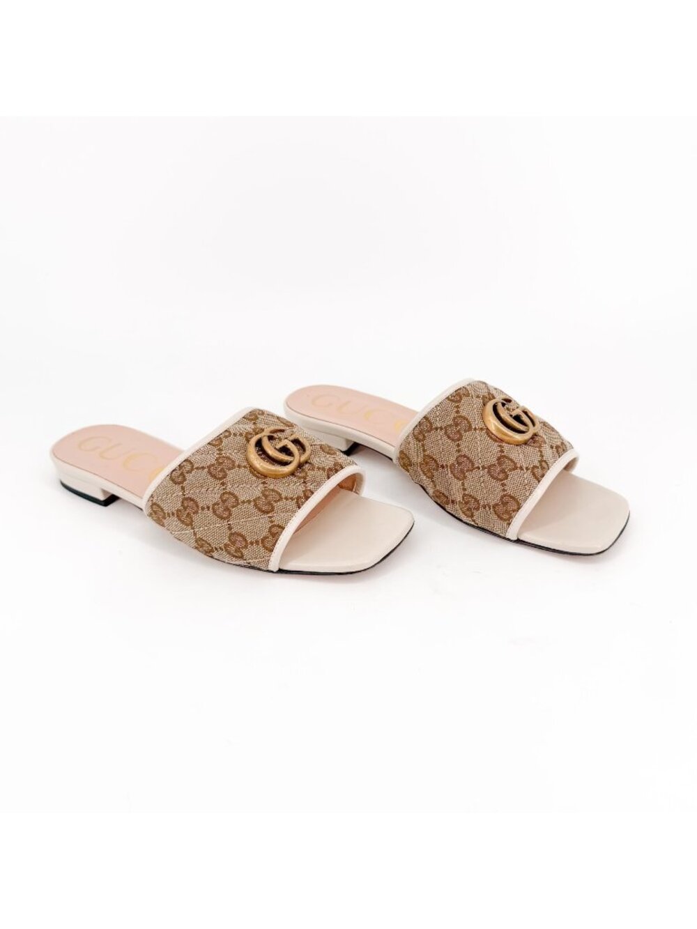 Gucci Jolie Marmont GG Slide Sandals Beige Canvas White Leather Size 38 US 8